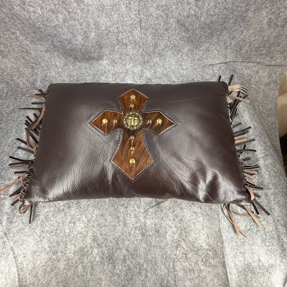 Black Forest Decor Coffee Leather Fringed Pillow Hair On Hide Concho Cross 996